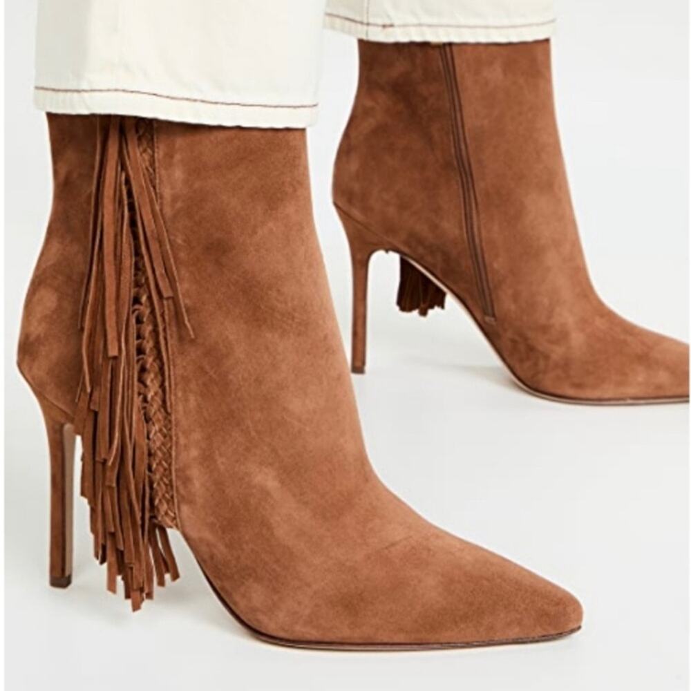 Veronica Beard Nyomi Fringe Brown Suede Leather Heeled Ankle Bootie 10.5 NWT